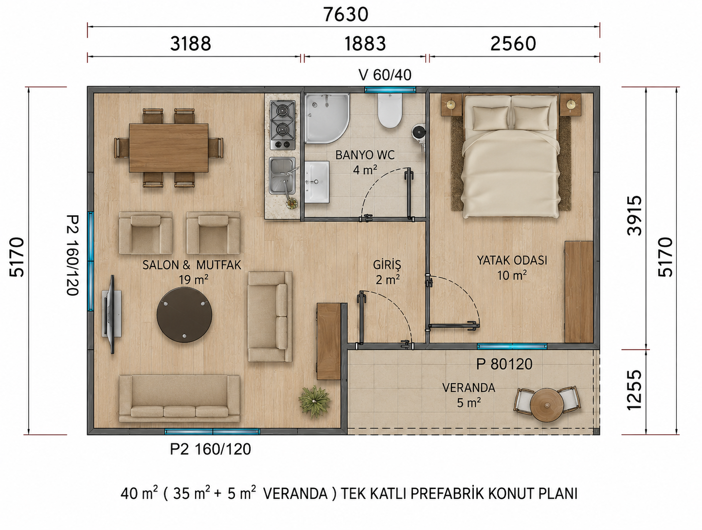 40 m² Tek Katlı Prefabrik Ev