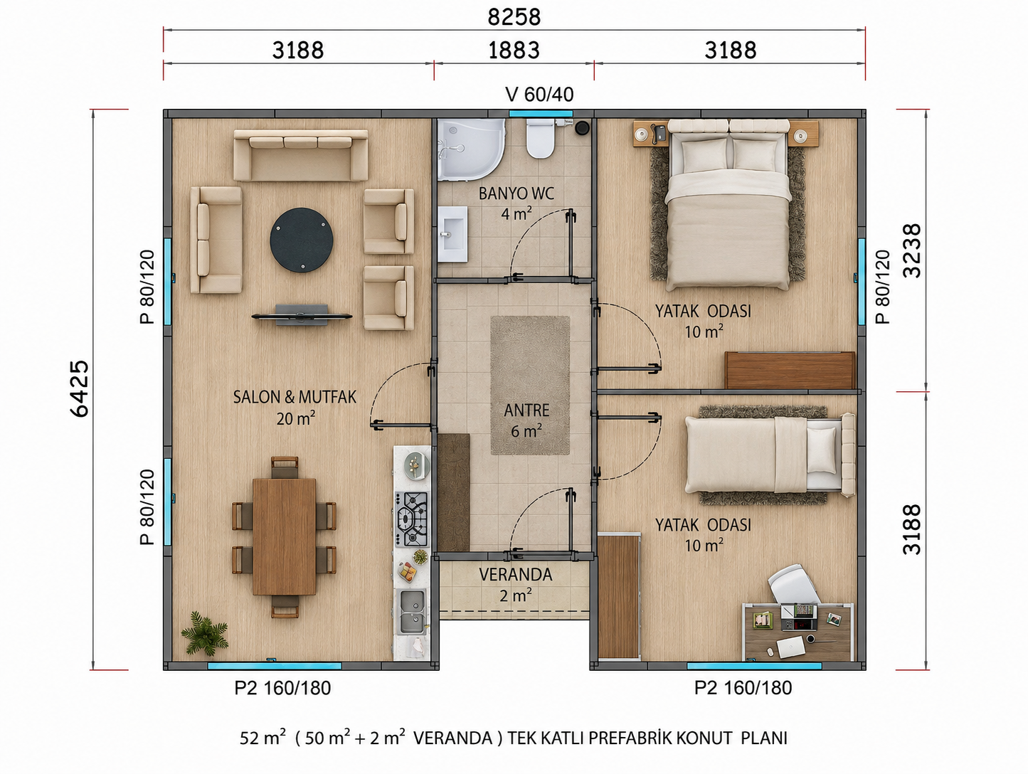 52 m² Tek Katlı Prefabrik Ev