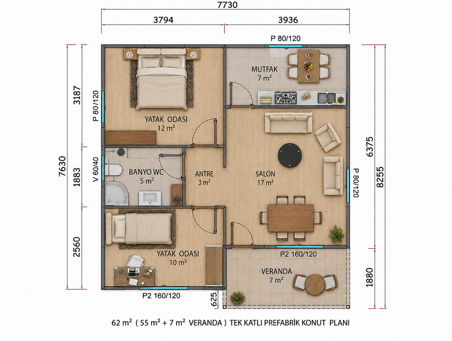 62 m² Tek Katlı Prefabrik Ev