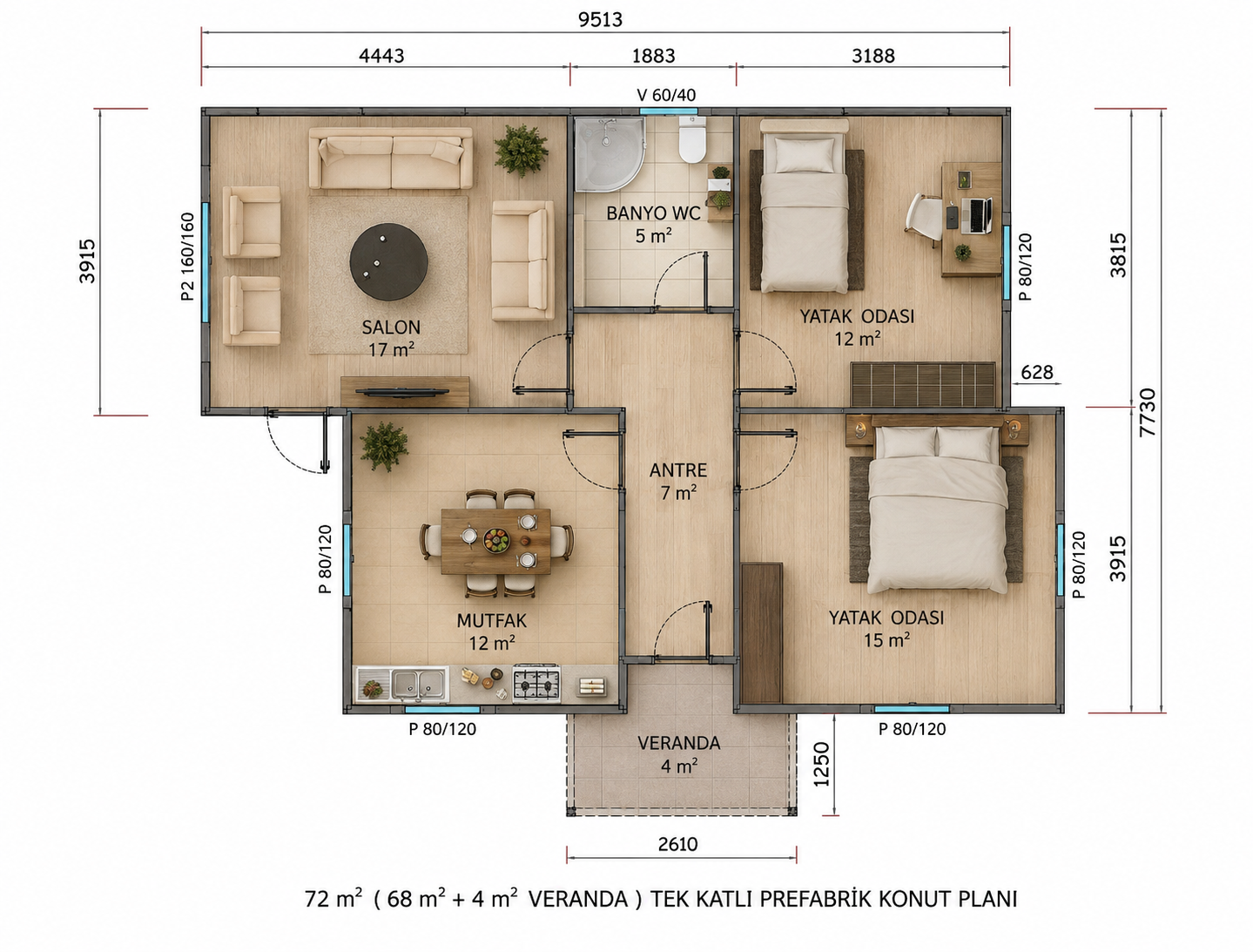 72 m² Tek Katlı Prefabrik Ev