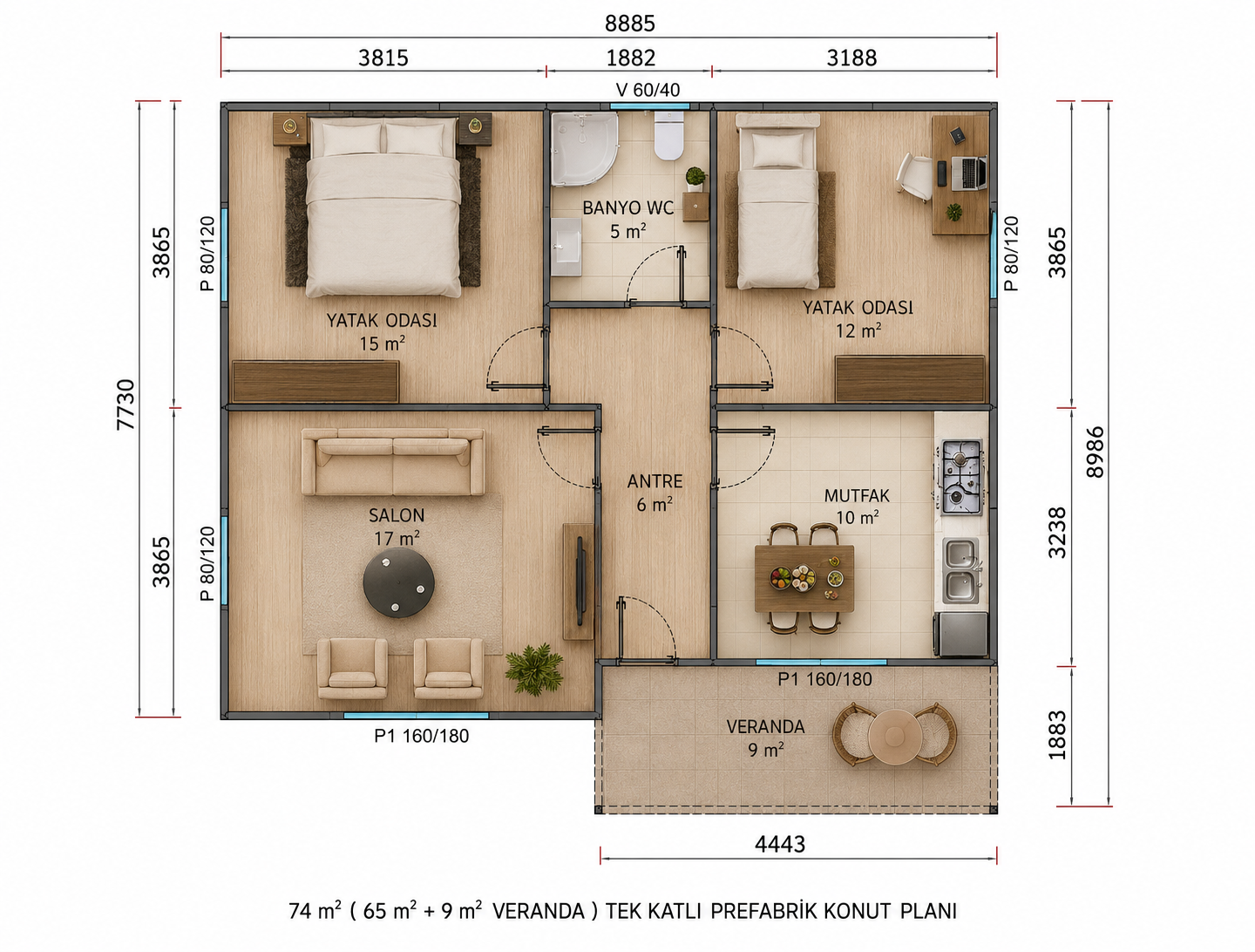 74 m² Tek Katlı Prefabrik Ev
