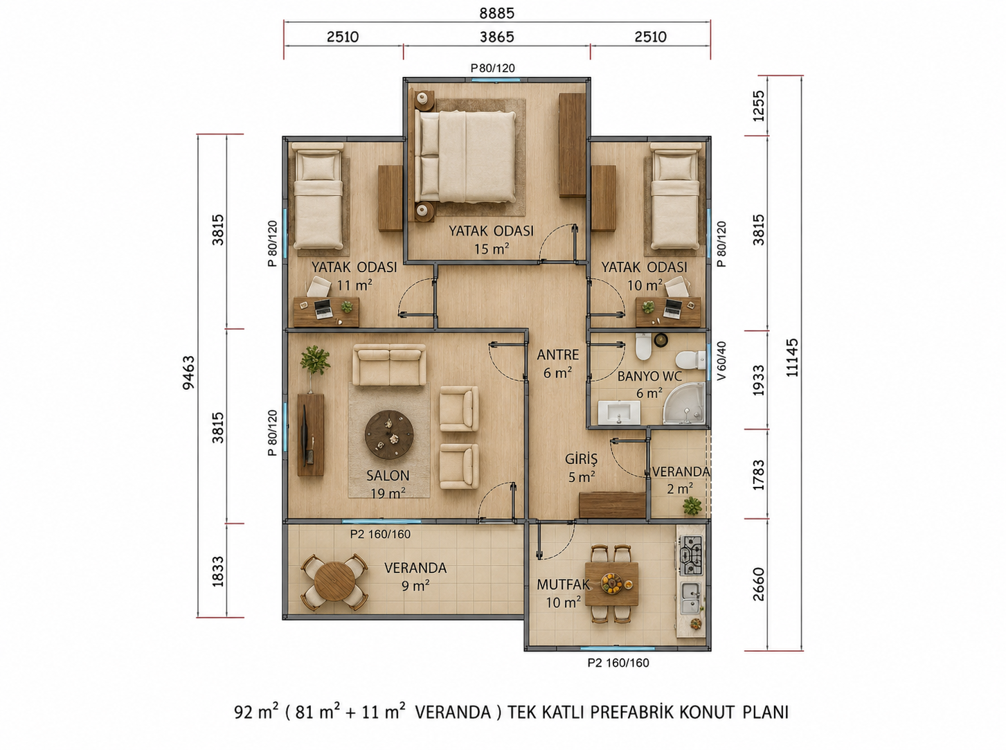 92 m² Tek Katlı Prefabrik Ev