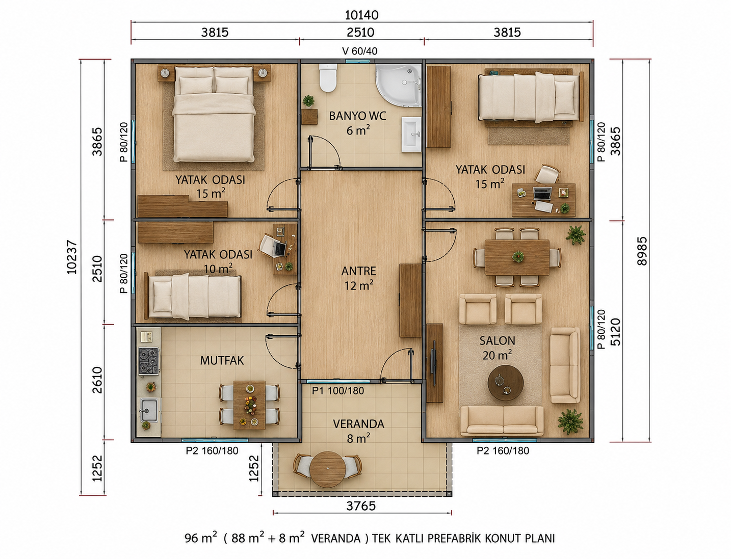 96 m² Tek Katlı Prefabrik Ev