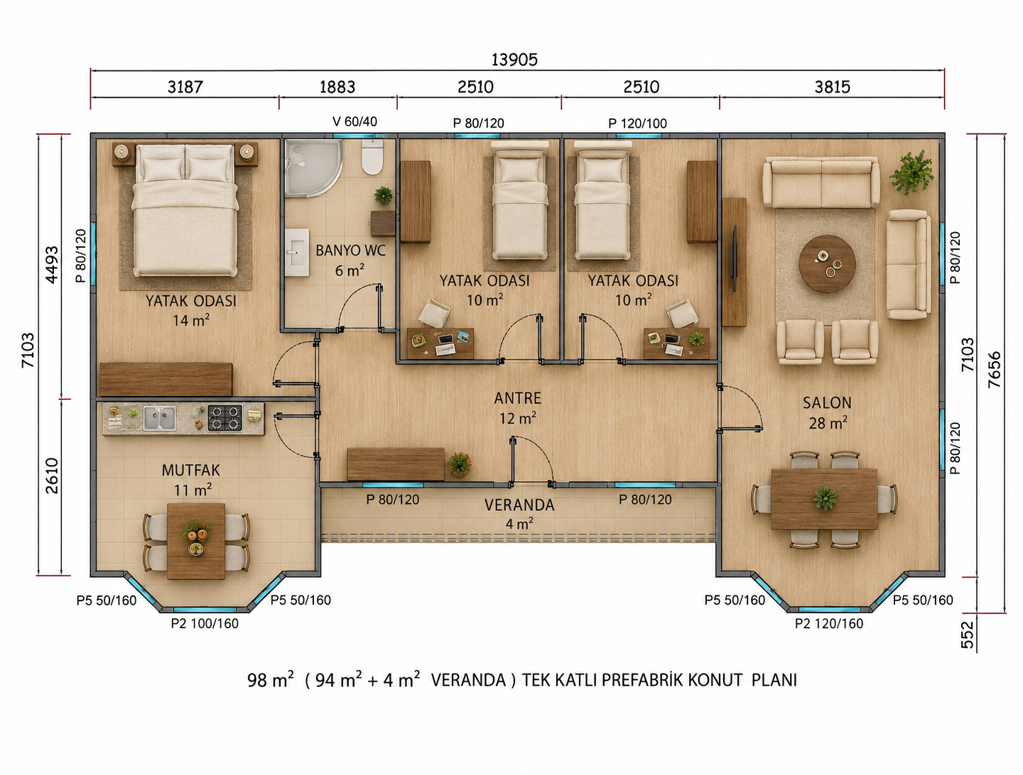 98 m² Tek Katlı Prefabrik Ev