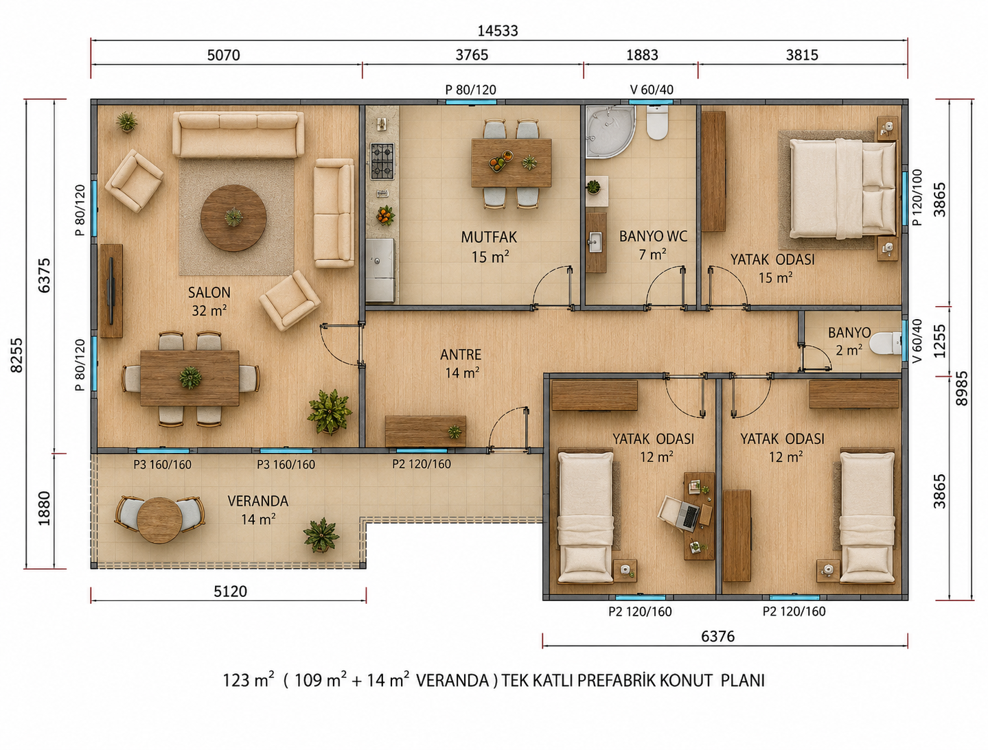 123 m² Tek Katlı Prefabrik Ev