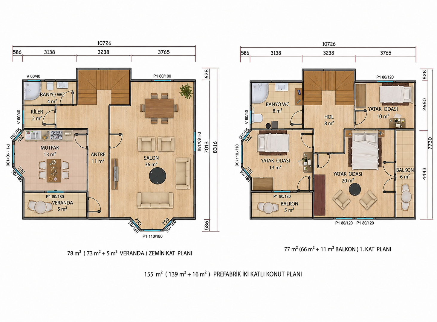 155 m² İki Katlı Prefabrik Ev